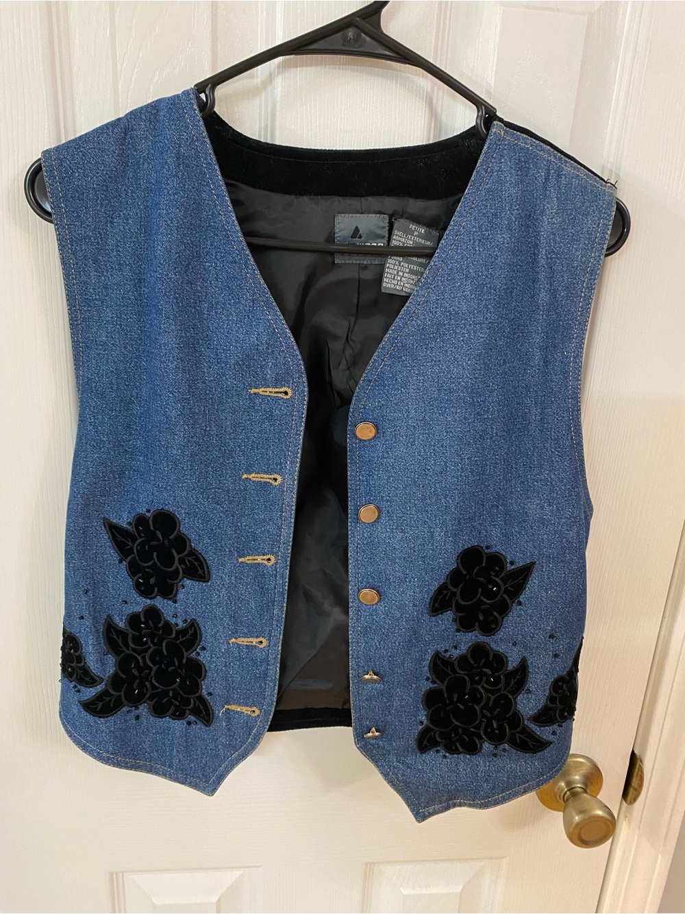 Vintage Lizwear Denim & Black Velvet Floral Beaded Vest Petite